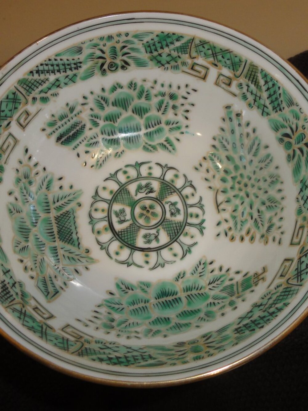 Vintage Green Porcelain w/Gold Trim Fitzhugh 7" Bowl VERY GOOD CONDITION!